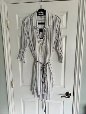 Halston Heritage White Belted Shirt Dress with Stripes